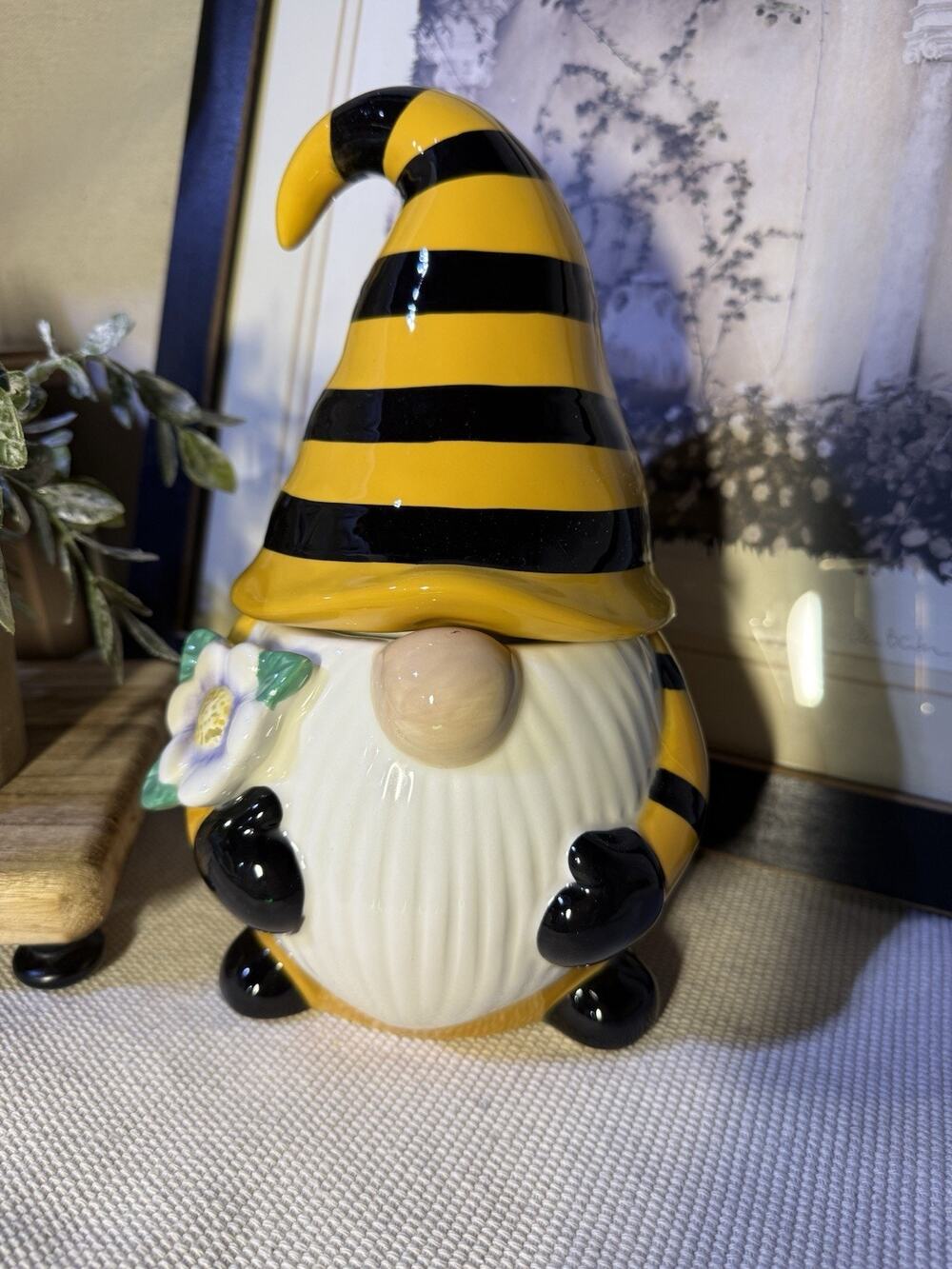 Ceramic Bee Gnome Cookie Jar, Spring Kitchen Decor, Whimsical